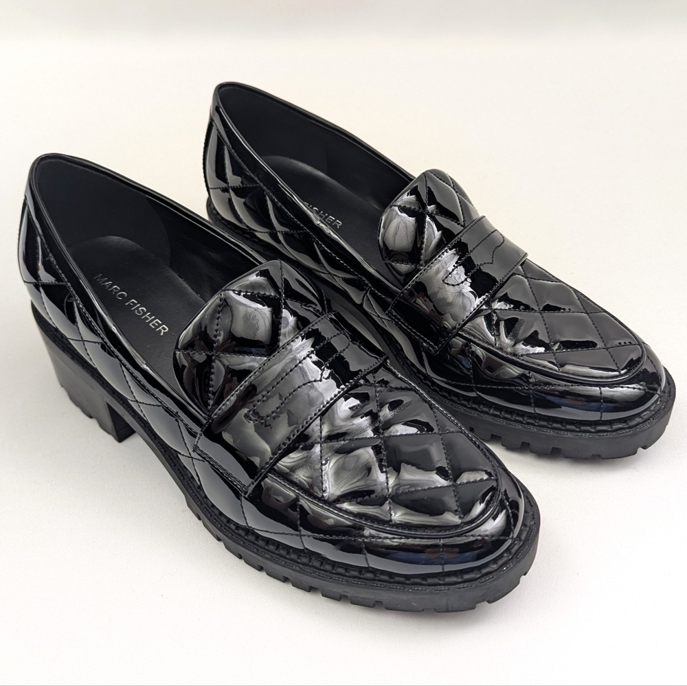 Marc Fisher Dantea Loafers Faux Patent Leather Quilted Detail Chunky Lug Sole 8